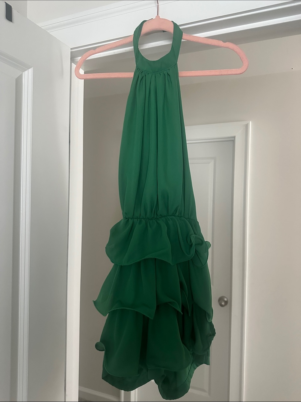 PrettyLittleThing Green Halter Ruffle Romper